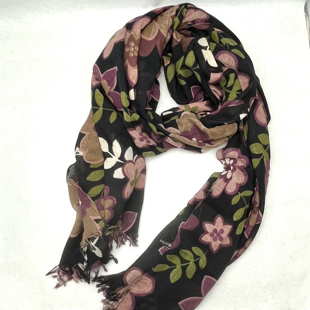 Pink and purple flower print black large scarf